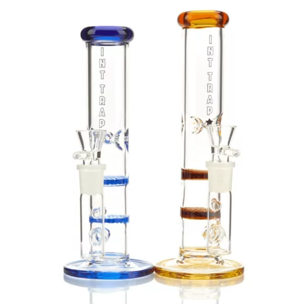 Two glass bongs with colorful designs on a white background.