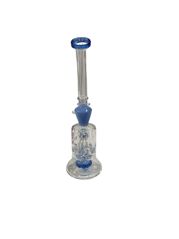 Glass bong with clear stem and base, blue glass and swirl design, small percolator on top, round base and stem with small hole.