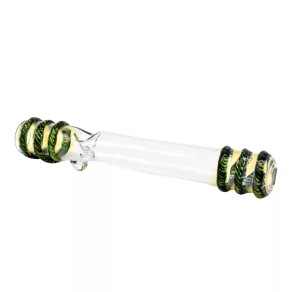 Long, curved glass pipe with green and yellow etched designs on white background.