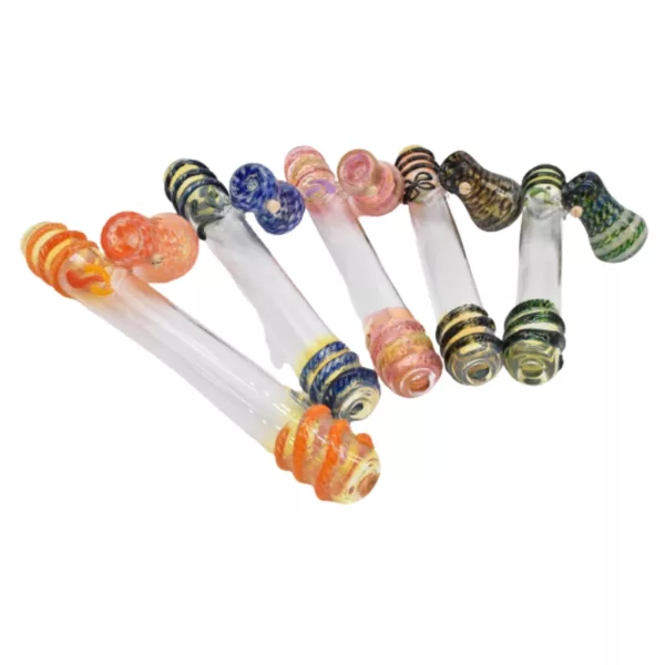 Six glass pipes of different colors and designs in a line, made of glass with a cylindrical shape and small bowl for holding smoke.