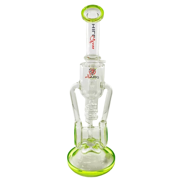 A clear glass bong with a stem and bowl, perched on a small glass stand with a wave-shaped base. The stem has a green rubber grip and the bowl is standard.