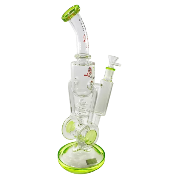 Clear glass bubbler with green base and long stem. Large perc and small bowl with hole. Clear base with air and smoke holes. Connects bowl and stem.