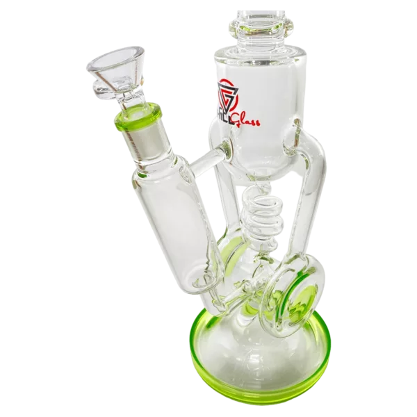 Unique green glass bong with clear stem and round base. Perfect for smoking and enjoying your favorite herbs.