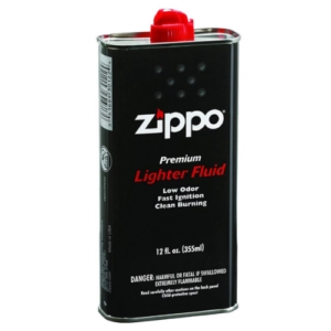 Zippo Fluid 12oz Kerosine can with red plastic handle and black/white label on white background.