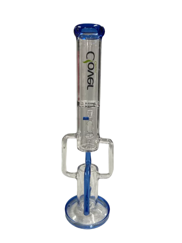 Plastic water pipe with blue handle and clear body, shaped like a vertical tube with small and large openings on each end.
