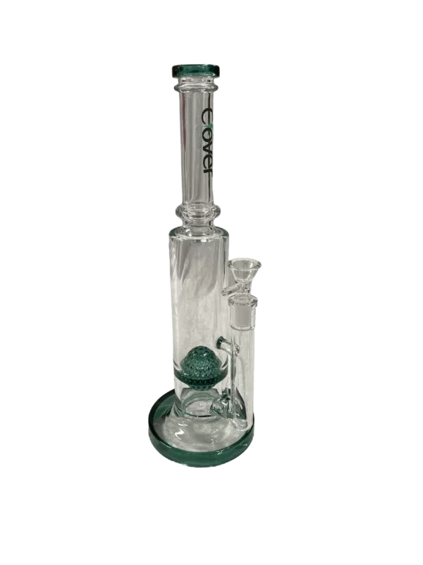 High-quality glass water pipe with round base, clear stem, and small knob on stem. Sits on metal stand with circular base.