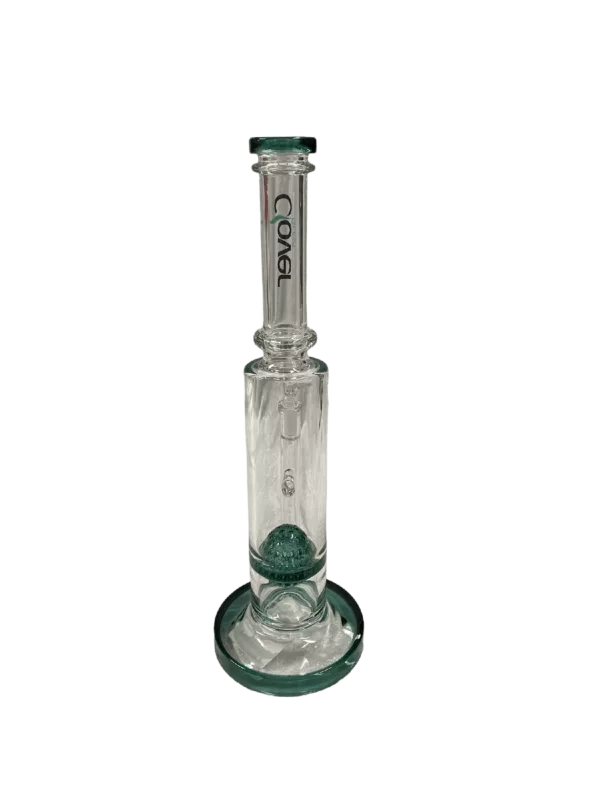 Clear glass bong with curved stem and colorful triangular bowl pattern. Perfect for smoking.