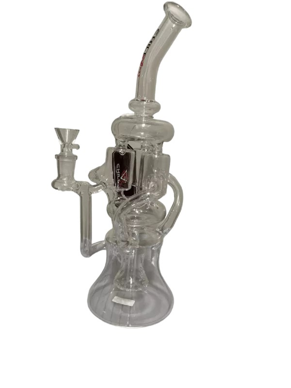 Clear glass bong with cylindrical shape, small circular base and mouthpiece, long curved neck, sitting on white background.