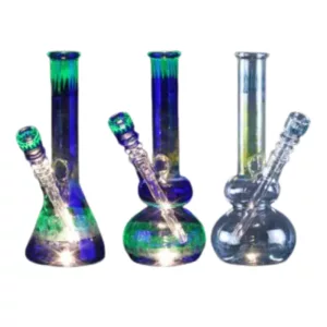 Three glass bongs with different color and design options. All have curved base and straight neck, with varying sizes of holes at the bottom and top. White background.