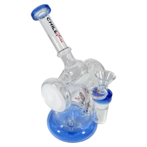 A blue glass water pipe with clear accents and a white base, featuring two blue handles and a transparent mouthpiece. The clear stem has a small circular base and a white ring around the middle, with a small circular piece at the top.