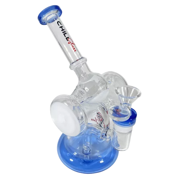 A blue glass water pipe with clear accents and a white base, featuring two blue handles and a transparent mouthpiece. The clear stem has a small circular base and a white ring around the middle, with a small circular piece at the top.