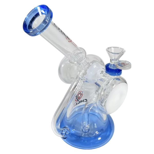 Handmade glass water pipe with blue handle and metal base. Smoke company name on handle. No visible scratches or dents. Rock n Rolling WP - CCJLE258.