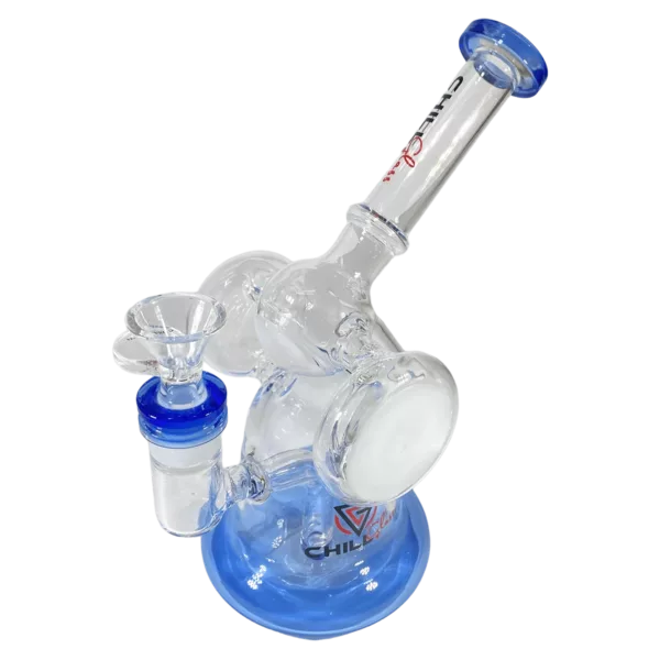 Stylish blue glass waterpipe with clear base and percolator for a smooth smoking experience.