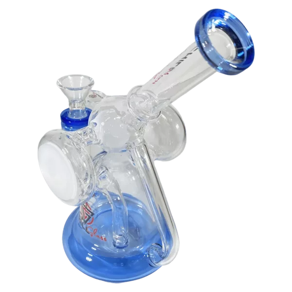 Stylish blue glass bong on circular metal table with opening in center for easy use.