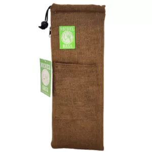 A woven, brown bag with a green tag that says Organic Cotton Bag. It has a zipper and is designed for shopping or carrying small items.