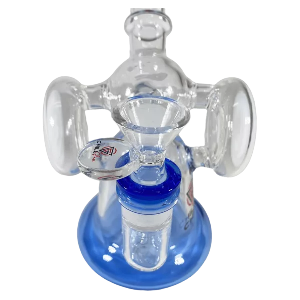 A transparent blue bong with two smooth handles and a clear stem, held in place by a silver base. No designs on the bong.
