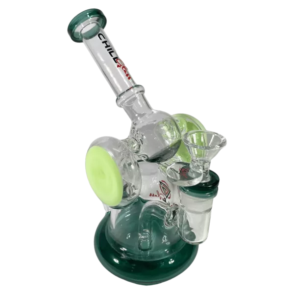 A clear glass bong with a curved mouthpiece and perforated downstem sits on a plastic stand with drainage holes.