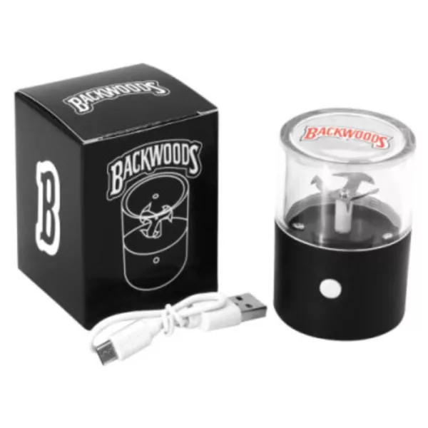 A small, cylindrical device with a black and white color scheme and four round holes on the front, used for grinding tobacco or other substances for smoking. Comes in a black and white striped box with the company logo and is packaged in a small cardboard box.