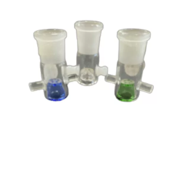 Modern, minimalistic glass pipes with blue and green screens and small balls on top. Pogo Stick Bowl with Screen 10F - NN146910F.