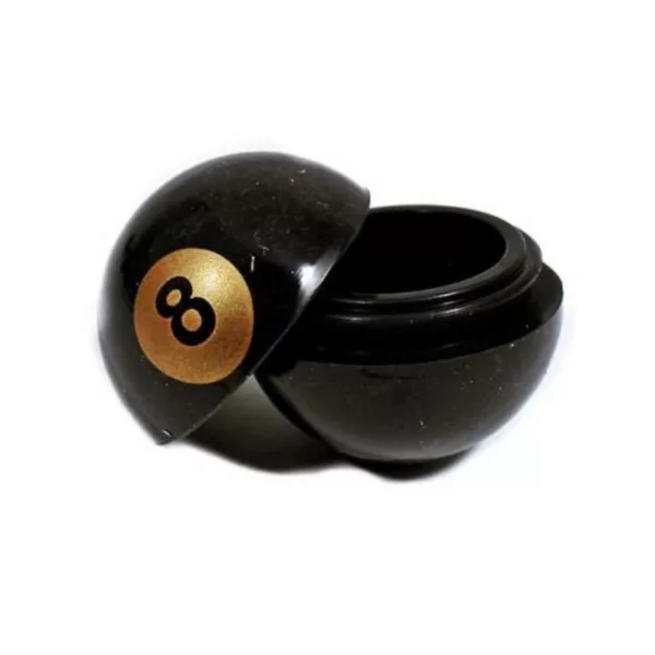 Black 8 ball silicone container with gold number 8 and glossy surface. Perfect for storing smoking accessories.