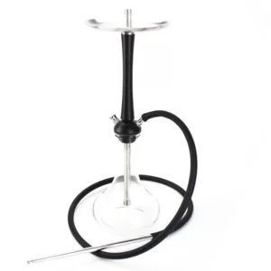 Black base hookah with silver finish and clear glass tube. Long black hose and rubber stem. White surface.