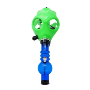 Green and blue gas mask with clear plastic visor and tube, connected at the top and sitting on white background.