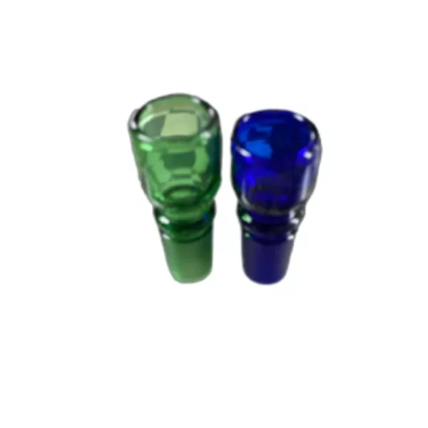 Two clear glass dabber bowls with blue and green stems on white background. #DabberBowlNail14M