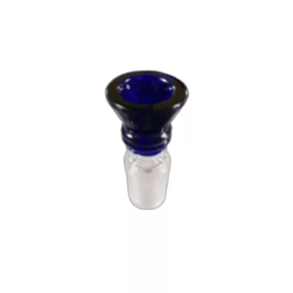 Blue glass pipe with clear base and small, round bowl. Ash catcher for smoking accessories.