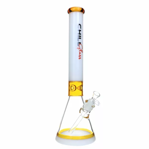 Clear glass smoking pipe with yellow plastic handle and small mouthpiece. Standard design with transparent stem.