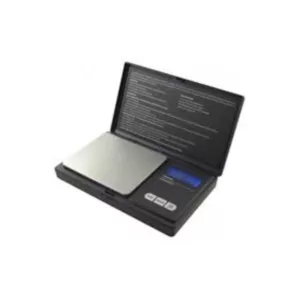 Small, black digital scale with silver casing and white background. Displays weight in grams and kilograms, with tare and switching buttons. Compact and suitable for weighing small objects.
