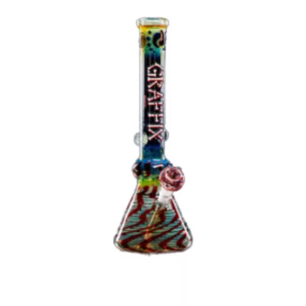 Glass bong with colorful, geometric design on a white surface.