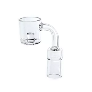 A clear glass bong with a curved base and large bowl designed for smoking cannabis. It has a small neck connecting the bowl to the base, a lip to keep smoke inside, and a clear stem with a small hole for smoke release.