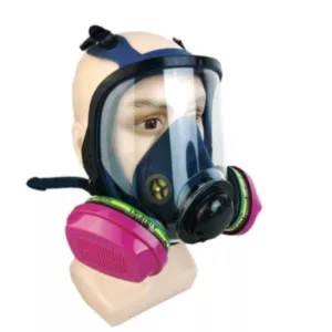 Clear Face Gas Mask - WWG8, designed for protection against harmful substances with pink ear protectors and a black band around the nose and mouth.