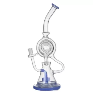 Glass water pipe with blue handle, small tube for holding accessories, and a blue button. Open base with clear water level indicator.