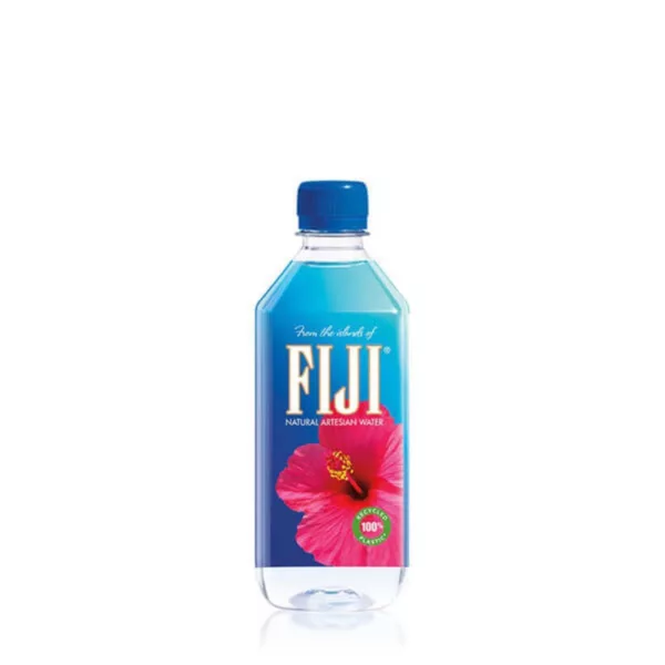 Clear Fiji Water bottle, 500 ml, with blue label and pink hibiscus flower on front, white cap with brand name, on white background.