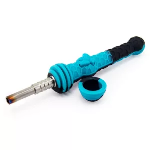 A blue and black plastic tool with a metal handle and plastic tip for screwing or unscrewing screws or nuts. It has a small hole for attachment and is designed to be durable.