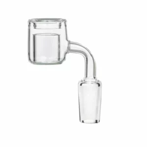 Clear glass banger with two fused pieces, angled end, designed for use with bubbler.
