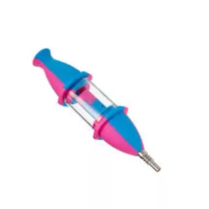 Silicone nectar collector in pink & blue, flexible & durable, heat/cold/water resistant, non-toxic & eco-friendly, hypoallergenic, easy to clean & compatible with most liquids.