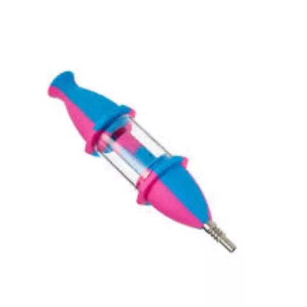 Silicone nectar collector in pink & blue, flexible & durable, heat/cold/water resistant, non-toxic & eco-friendly, hypoallergenic, easy to clean & compatible with most liquids.