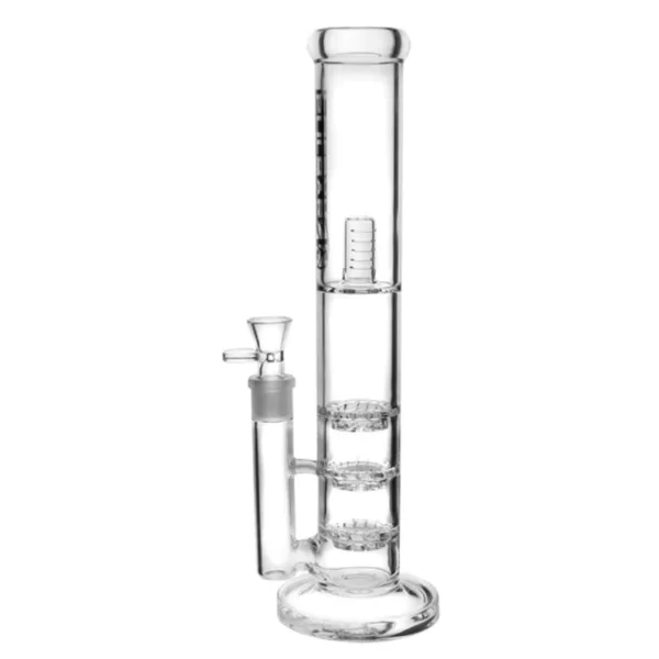 Clear glass bong with cylindrical shape, small mouthpiece, long curved neck, and small circular base. #smoking #TriplePerc
