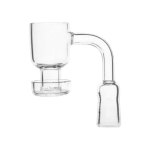 Clear glass banger with female slurp attachment, NN63218, for smoking. Small hole on top, connected to banger by clear plastic tube. Round shape with small diameter and neck, held in place by metal ring on bottom.