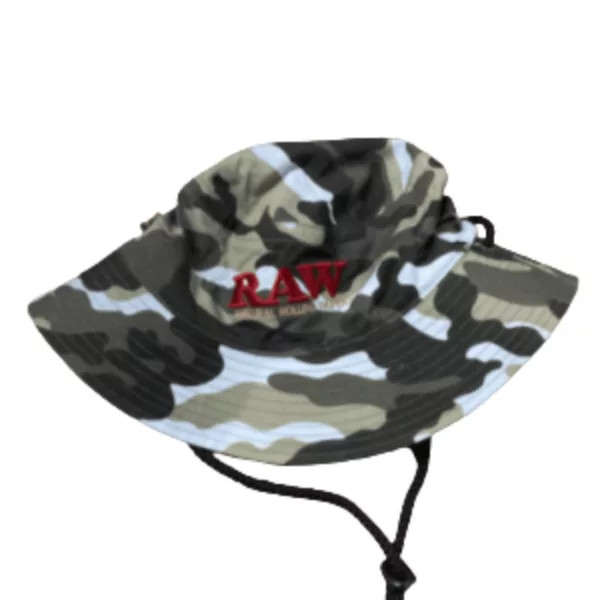 Camouflage bucket hat with red 'RAW' on front, adjustable strap and lightweight material. Perfect for outdoor activities.