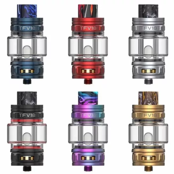 Stainless steel TFV18 tank with 0.5 ohm resistance, wide mouth and base, and compatibility with sub-ohm coils. Suitable for MTL and DTL vaping, with a leak-proof design and easy cleaning.