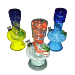 Three glass pipes with blue/yellow, green/orange, and yellow/blue swirl designs on a white background.
