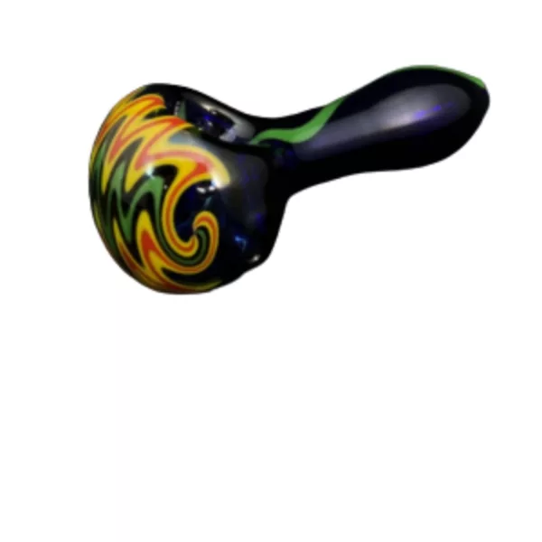 A curved glass pipe with a colorful swirling design in green, yellow, and purple on a white background.