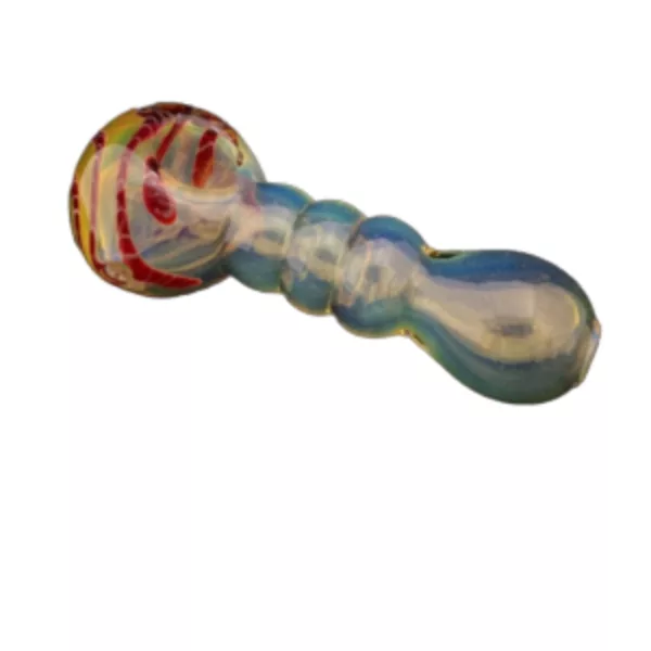 long, curved glass pipe with a swirled design in shades of blue, red, and yellow. It has a small, round base and a slightly tapered end, and is made of clear glass. It sits on a white background.