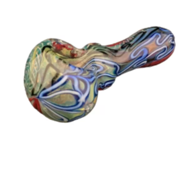 Eye-catching glass pipe with colorful swirling design, small bowl and stem, made of clear glass and visually appealing.