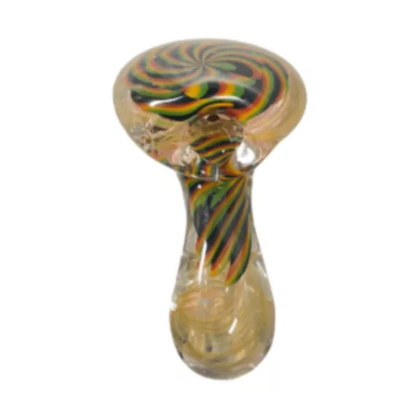 Colorful swirling glass pipe with small bowl and stem. Eye-catching design made of yellow, green, and purple. From Talent Glass Works.