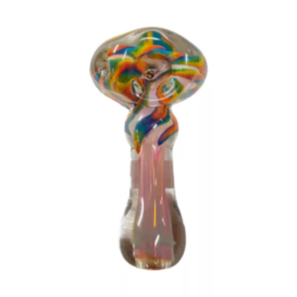 Colorful glass pipe with swirling pattern on clear cylindrical body.