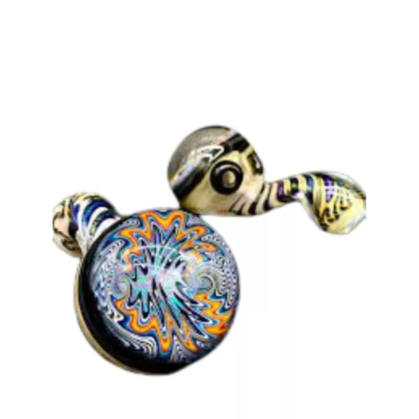 Two glass pipes with colorful, intricate designs in shades of blue, green, and orange, connected by a clear glass stem and bowl.